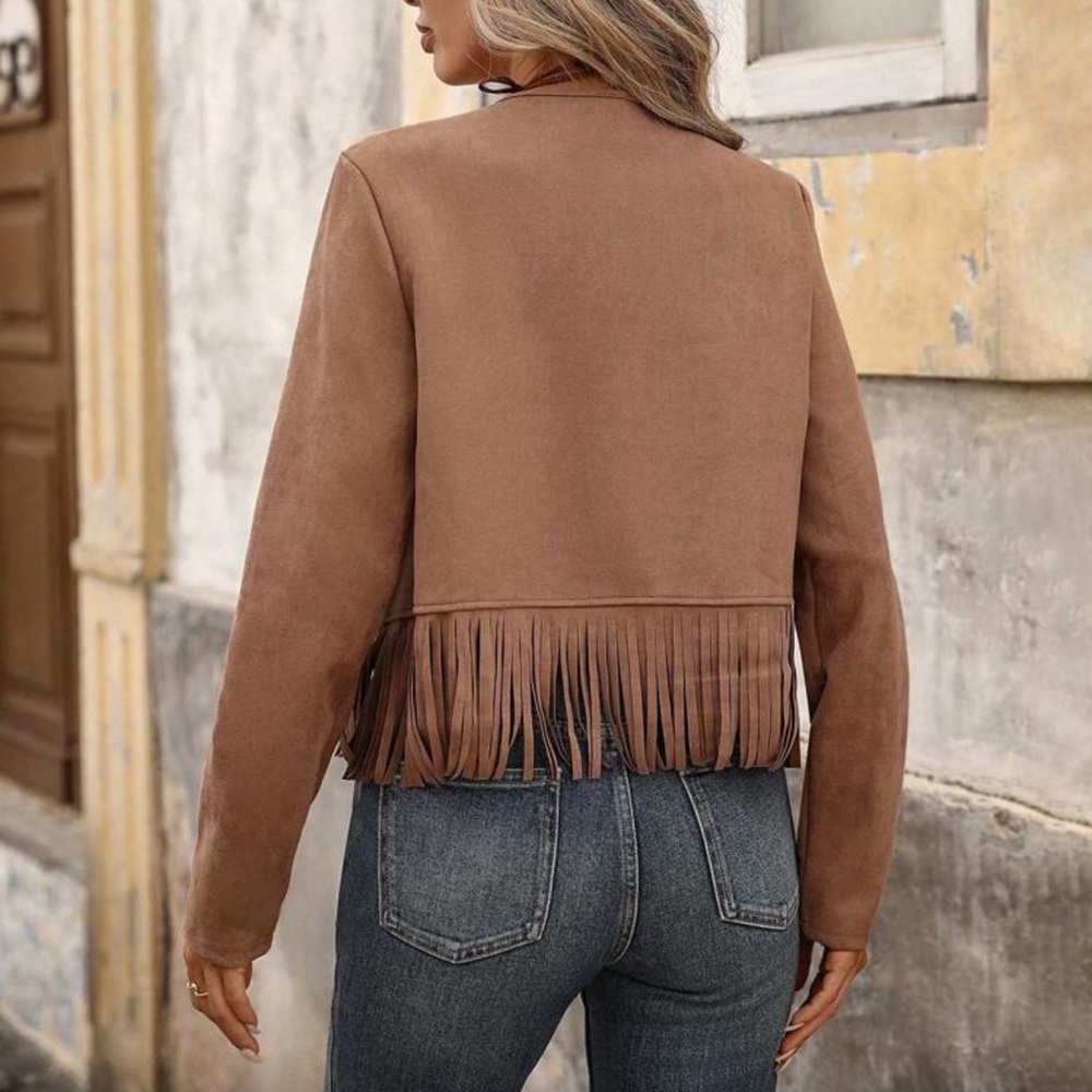 Suede fringe studded jacket western boho gypsy tassel vegan suede cream tan - Picture 5 of 13
